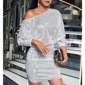 Silver Sequined One Shoulder Dress Long Sleeve Mini Short